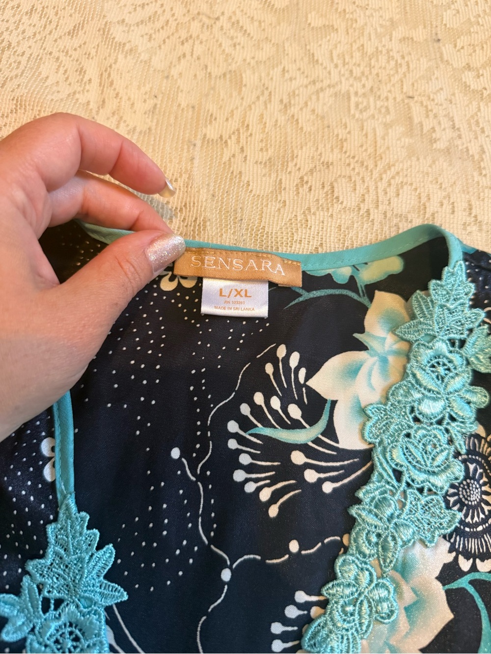 VTG Sensara floral teal belted long ruffle sleeve robe - Picture 2 of 10